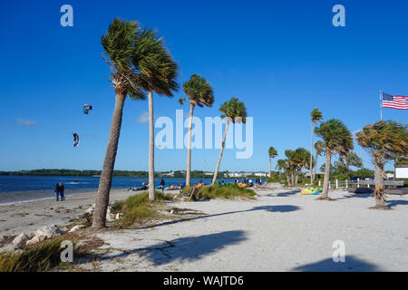 Kitesurfers dans l'eau et de la plage sur un jour de vent en Floride Banque D'Images