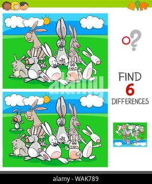 Cartoon Illustration de trouver six différences entre les photos, jeu éducatif pour enfants avec des personnages animaux Lapins Illustration de Vecteur