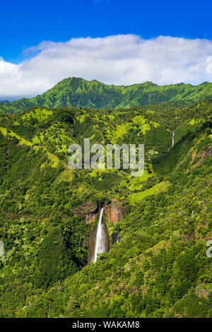 Manawaiopuna Falls (antenne) également connu sous le nom de Jurassic Park Falls, Vallée de Hanapepe, Kauai, Hawaii, USA. Banque D'Images