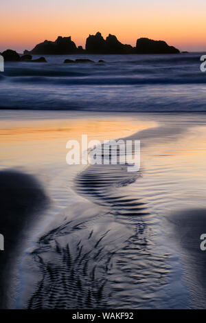 USA, Ohio, Bandon. L'eau coule dans l'océan à marée basse sur la plage de Bandon. En tant que crédit : Jean Carter / Jaynes Gallery / DanitaDelimont.com Banque D'Images