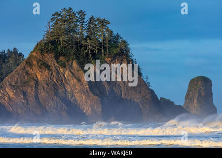 Les piles de la mer et des vagues à la première lumière sur le Rialto Beach in Olympic National Park, Washington State, USA Banque D'Images