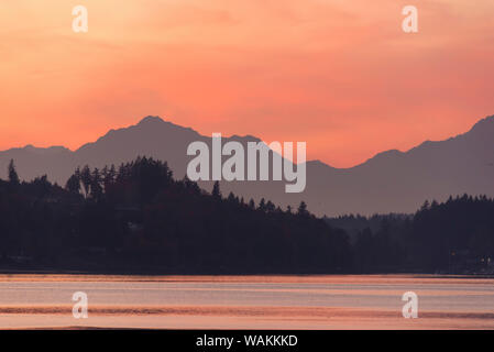 USA, l'État de Washington. La silhouette des montagnes olympiques en lumière spectaculaire. Le calme de Puget Sound. Banque D'Images