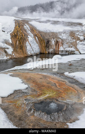 USA, Wyoming, Yellowstone National Park. Upper Geyser Basin, Chinaman Printemps, rivière Firehole. Le printemps chinois le long de la rivière Firehole bulles colorés avec des gisements minéraux. Banque D'Images