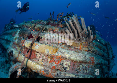 Diver sur petite épave sur le porche de l'emplacement de piqué, Bonaire, Antilles néerlandaises Banque D'Images