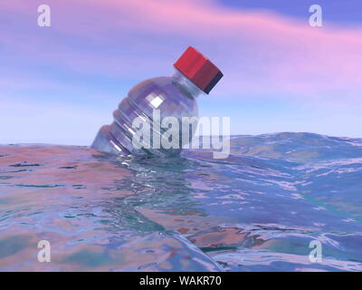 La pollution de l'une des bouteilles en plastique flottant dans l'océan par le coucher du soleil - 3D render Banque D'Images