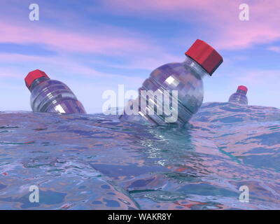 La pollution de trois bouteilles en plastique flottant dans l'océan par le coucher du soleil - 3D render Banque D'Images