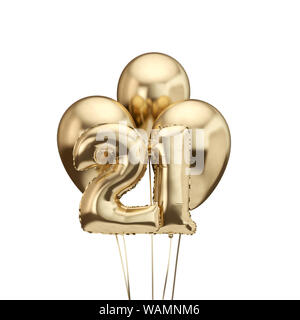 Feuille d'or 21e anniversaire bouquet de ballons. Joyeux anniversaire. Le Rendu 3D Banque D'Images