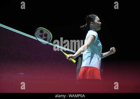 Bâle, Suisse. Août 21, 2019. La Corée du Sud Kim Ga Eun célèbre pendant féminin 2ème match contre la Chine à l'Cai Yanyan BWF Championnats du Monde 2019 à Bâle, Suisse, le 21 août, 2019. Jundong Crédit : Li/Xinhua/Alamy Live News Banque D'Images