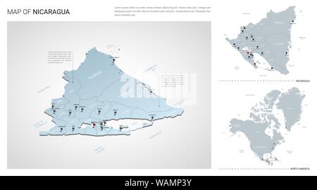 Vector set du Nicaragua Pays. Carte en 3D isométrique, le Nicaragua la carte, la carte de l'Amérique du Nord - avec la région, l'Etat et les noms les noms de ville. Illustration de Vecteur