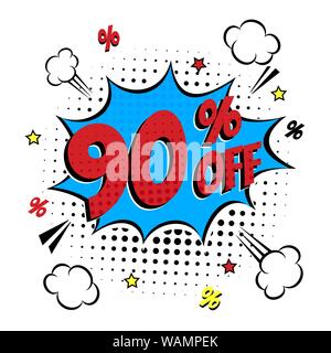 90  % sur le lettrage de la bande dessinée dans le discours de vente bubble style bande dessinée modèle plat. Vintage Retro pop art illustration isolé sur fond blanc. Exc Illustration de Vecteur