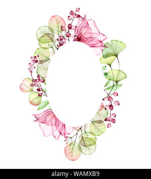 Aquarelle Rose Transparent cadre ovale verticale de fleurs, feuilles, baies et branches d'eucalyptus. Vintage floral peint à la main pour le texte d'illustration Banque D'Images
