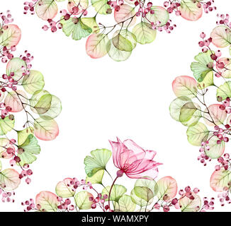 Arrangement floral frame Transparent aquarelle de roses, de feuilles, de baies et de branches d'eucalyptus. La main peinte vintage illustration for textile et w Banque D'Images