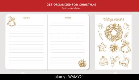 Avant Joyeux Noël organisateur, planificateur, le bloc-notes, journal intime avec vector hand drawn illustrations et calligraphie manuscrite. Bonne année vintage ele Illustration de Vecteur