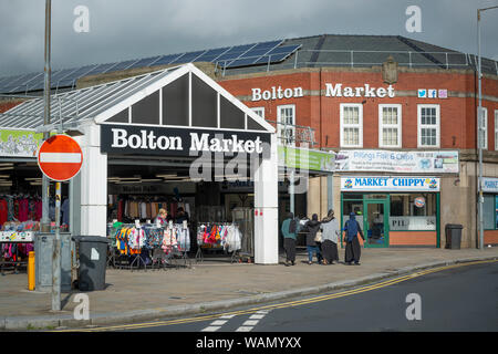 La signalisation pour Bolton Marché à Bolton, Lancashire, UK (usage éditorial uniquement). Banque D'Images