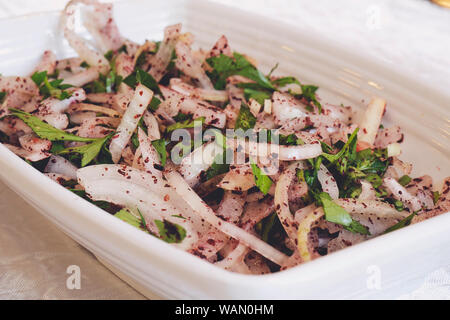 Kebab turc accompagnement salade d'oignon dans un restaurant local à Nicosie. Nourriture chypriote traditionnel sur l'île de Chypre. Banque D'Images