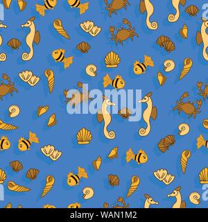 Hippocampe, poisson, crabe et mignon coquillage motif transparent Illustration de Vecteur