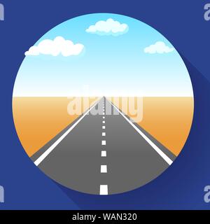 Paysage avec Ciel et nuages, de la terre et de la route d'asphalte avec le marquage, l'autoroute vide en désert, vector illustration. Illustration de Vecteur