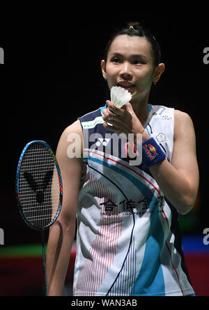 Bâle, Suisse. Août 21, 2019. Tzu Ying Tai du Taipei chinois réagit au cours de la 2ème série dames en match contre Fitriani Fitriani de l'Indonésie à la BWF Championnats du Monde 2019 à Bâle, Suisse, le 21 août, 2019. Jundong Crédit : Li/Xinhua/Alamy Live News Banque D'Images