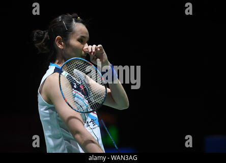 Bâle, Suisse. Août 21, 2019. Tzu Ying Tai du Taipei chinois réagit au cours de la 2ème série dames en match contre Fitriani Fitriani de l'Indonésie à la BWF Championnats du Monde 2019 à Bâle, Suisse, le 21 août, 2019. Jundong Crédit : Li/Xinhua/Alamy Live News Banque D'Images