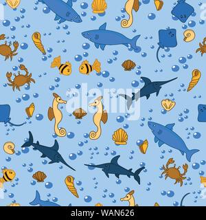 Le requin, l'espadon, Stingray, hippocampe, poisson et coquillage avec bulles d'eau de fond transparent Illustration de Vecteur