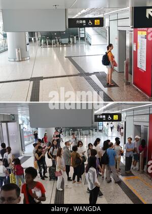 (190821) -- HONG KONG, 21 août 2019 (Xinhua) -- Combo photo prise le 21 août 2019 par Mao Siqian de Xinhua (haut) et le 1er octobre 2018 par Wu Xiaochu de Xinhua indique respectivement les lieux d'attente des passagers l'ascenseur à Hong Kong à l'Ouest Gare de Kowloon dans le sud de la Chine à Hong Kong. Comme la violence prolongée continuent de roil Hong Kong, son industrie touristique s'est transformé en un hiver froid en raison de l'agitation. Dans la période juin-juillet, la rémunération moyenne de travailleurs du tourisme ont chuté de 74 pour cent, tandis que le nombre de tours à Hong Kong ont chuté de 74  % en moyenne, selon une enquête de l'Hong K Banque D'Images