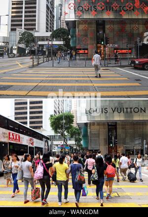 Hong Kong. Août 21, 2019. Combo photo prise le 20 août 2019 par Mao Siqian de Xinhua (haut) et le 30 mai 2017 par Li Peng de Xinhua indique respectivement les touristes visitant un centre commercial dans le centre de Hong Kong, Chine du sud. Comme la violence prolongée continuent de roil Hong Kong, son industrie touristique s'est transformé en un hiver froid en raison de l'agitation. Dans la période juin-juillet, la rémunération moyenne de travailleurs du tourisme ont chuté de 74 pour cent, tandis que le nombre de tours à Hong Kong ont chuté de 74  % en moyenne, selon une enquête de l'Hong Kong Tour Guides Union générale. Source : Xinhua/Alamy Live News Banque D'Images