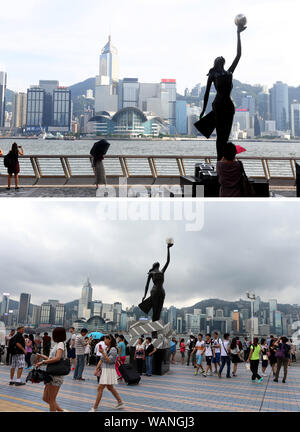 (190821) -- HONG KONG, 21 août 2019 (Xinhua) -- Combo photo prise le 20 août 2019 par Lu Hanxin de Xinhua (haut) et le 1 mai 2015 par Li Peng de Xinhua indique respectivement les touristes visitant l'Avenue des Stars à Tsim Sha Tsui, de Hong Kong, Chine du sud. Comme la violence prolongée continuent de roil Hong Kong, son industrie touristique s'est transformé en un hiver froid en raison de l'agitation. Dans la période juin-juillet, la rémunération moyenne de travailleurs du tourisme ont chuté de 74 pour cent, tandis que le nombre de tours à Hong Kong ont chuté de 74  % en moyenne, selon une enquête de l'Hong Kong Tour Guides Union générale. (Yucheng Garden Banque D'Images