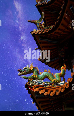 De belles statues de dragon au Temple Zizhu ou Purple Bamboo Temple, comme il est connu avec un ciel étoilé. Situé à Kaohsiung Taiwan, République de Chine Banque D'Images