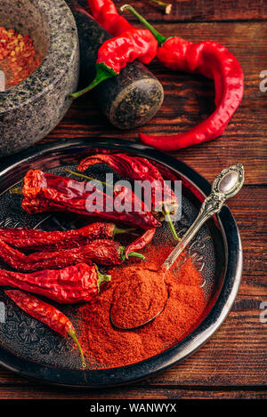 Cuillère de piment en poudre avec les frais et les piments séchés Banque D'Images