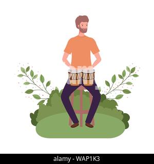 Homme avec les congas et les branches et les feuilles dans l'arrière-plan Illustration de Vecteur