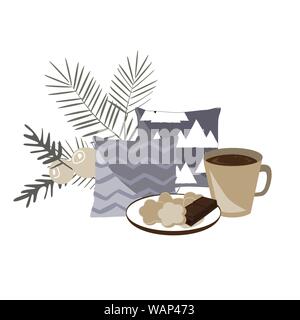Composition vecteur minimaliste avec des oreillers confortables, théière, cookies, et des branches d'arbre de Noël. Temps de Hygge concept. Pour les cartes du modèle Illustration de Vecteur