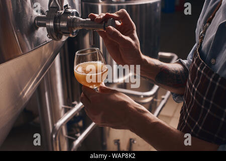 Barman verse de bière à la pression pour ses invités comme c'est ce qu'ils ont commandés. Banque D'Images