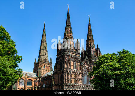 Les trois flèches de la cathédrale de Lichfield s'élever au-dessus des arbres environnants Banque D'Images