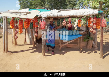 African lady woman femme vendeur de rue à un étal de fruits et légumes sur une route de Hazyview, Mpumalanga, Afrique du Sud la vente de noix, oranges, Avocats Banque D'Images