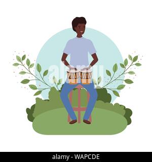 Homme avec les congas et les branches et les feuilles dans l'arrière-plan Illustration de Vecteur