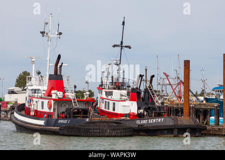 Deux gros remorqueurs amarrés le long du front de mer du port de Steveston en Colombie-Britannique Canada Banque D'Images