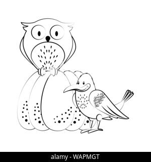 Les animaux sauvages et les éléments de l'action de grâces et de saison d'automne en noir et blanc Illustration de Vecteur