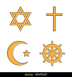 Ensemble de signes religieux : Croix-Rouge, Croissant-Rouge, roue du Dharma, l'étoile de David. Vector illustration Illustration de Vecteur