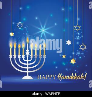 Happy Hanukkah Menorah avec arrière-plan lumineux, David Star et effet de flou. Vector illustration sur bleu. Illustration de Vecteur