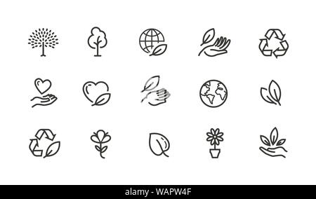 Ecologie, jeu d'icônes de ligne d'environnement. Logo vectoriel de la collection en noir pour la conception de sites Web ou d'applications mobiles Illustration de Vecteur
