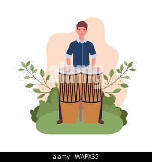 Homme avec les congas et les branches et les feuilles dans l'arrière-plan Illustration de Vecteur