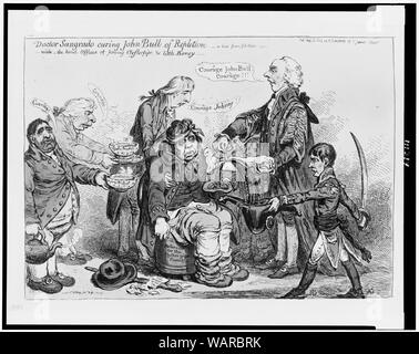 Médecin Sangrado guérir la réplétion de John Bull-avec le genre de jeunes bureaux d'Clysterpipe & Little Boney - un soupçon de Gil Blas Résumé : Caricature montrant Addington dire, courage John Bull-courage, qu'il saigne du bras de John Bull, qui est pris en charge par Hawkesbury, qui répète courage Johnny. Napoléon offre son chapeau pour prendre le sang, Antilles, Cap de Bonne Espérance, de Malte, de Fox et Sheridan bols offre d'eau chaude, car les deux parle de courage. Banque D'Images