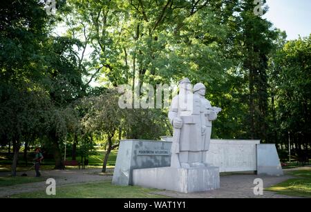 Wielun, Pologne. 09Th Aug 2019. Statues avec le Pogromcom hitleryzmu polonais titre "stand" dans la ville de Wielun. Le 1 septembre, il y a 80 ans, la seconde guerre mondiale a commencé avec l'invasion de la Pologne par l'Allemagne nazie. La première des bombes sont tombées sans une déclaration de guerre à la petite ville de Wielun non loin de la frontière. La première des bombes sont tombées sans une déclaration de guerre à la petite ville de Wielun non loin de la frontière. (Dpa histoire : 80 ans après le début de la Deuxième Guerre mondiale) Credit : Kay Nietfeld/dpa/Alamy Live News Banque D'Images