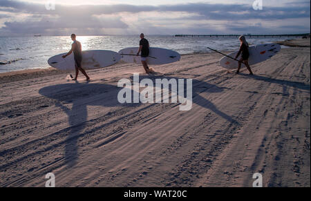 Nice, France. Août 21, 2019. Les pagayeurs de stand-up commencer peu après le lever du soleil à partir de la plage des sports au lever du soleil sur la mer Baltique. Lors de la 12ème Journée sur la santé 109 24.08.2019, la réhabilitation des cliniques, des hôtels et les associations de tourisme présentera la gamme de produits et services offerts sur les thèmes de la santé, de la nutrition et de l'exercice sur l'île de la mer Baltique. Credit : Jens Büttner/dpa-Zentralbild/dpa/Alamy Live News Banque D'Images