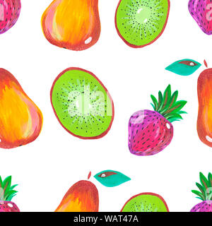 Modèle sans couture. Illustration de la gouache acrylique peinte à la main. Fraise kiwi poire Fruits exotiques sur fond blanc. Banque D'Images