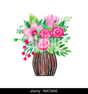Illustration de l'aquarelle peinte à la main. Decorative bouquet de fleurs dans un vase. Plante d'intérieur pour la maison romantique Banque D'Images