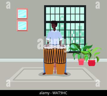 Afro homme jouant de caractère bongos Illustration de Vecteur