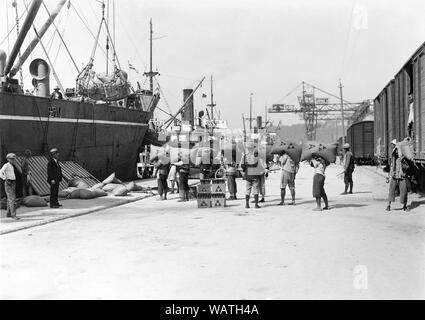 [ 1930 Taiwan - décharger des cargaisons au port de Kaohsiung ] - Les travailleurs au port de Takao, Formosa, maintenant connu sous le nom de Kaohsiung, dans le sud de Taïwan. Le secteur était sous juridiction japonaise jusqu'à la fin de la DEUXIÈME GUERRE MONDIALE. Une importante base militaire et de l'industrie centre, le port était utilisé pour le transport des prisonniers de guerre au Japon et a été pratiquement détruit par les bombardiers américains pendant la guerre (Groupe de travail 38 et FEAF au cours de 1944-1945). 20e siècle Tirage argentique d'époque. Banque D'Images