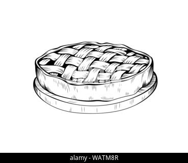 Apple pie hand drawn vector illustration. Maison de vacances saison d'automne, jour de Thanksgiving croquis symbole. Cuisson traditionnelle faite maison avec de délicieux dessin monochrome de remplissage. Pâtisserie, Boulangerie logotype Illustration de Vecteur