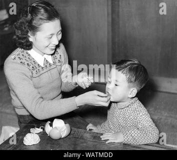 [ 1950 Japon - Japonais Mère et Fils ] - L'alimentation de la mère de MIKAN (mandarine) à son fils. Photographie du début des années 50 de la Hanaya Kanbei Studio à Nishinomiya, préfecture de Hyogo. Banque D'Images